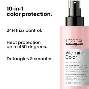 L'Oréal Professionnel Vitamino Color 10-in-1 Multi-Benefit Leave-In Spray - Heat Protectant & Detangler For Frizz Control & Boosting Shine, For Color Treated & All Hair Types