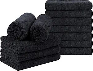 Orighty Black Salon Towel, Pack of 12 (Not Bleach Proof, 16 x 29 Inches) Super Soft and Absorbent Microfiber Hair Salon Towels for Salon, Hand, Gym, Bath, Spa and Home Hair Care