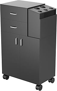 Paddie Salon Trolley with Wheels, 2 Drawer Rolling Cart w/5 Hair Dryer Holders & 1 Large Cabinet, Barber Equipment for Hair Stylist (Black)