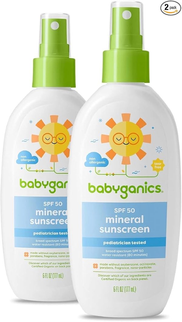 Babyganics SPF 50 Baby Sunscreen Spray | UVA UVB Protection | Octinoxate & Oxybenzone Free | Water Resistant, Unscented, 6 Fl Oz (Pack of 2)