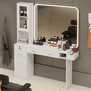 Salon Station for Hair Styling, Barber Furniture w/Hair Dryer Holder, Cabinet & Drawers, Wall Mount Hair Salon Equipment Without Mirror, White