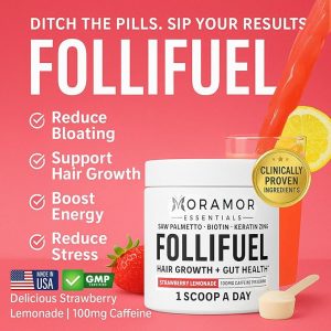 Follifuel Hair Growth Drink Mix – 3-in-1 Hair, Gut & Energy Support with Biotin, Caffeine, Zinc & Saw Palmetto | Hair Vitamins for Women & Men | For Thinning Hair | Strawberry Lemonade | 30 Servings
