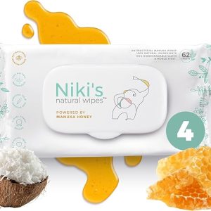 Niki's Natural Baby Wipes | Sensitive Organic Baby Wipes | Made with Manuka Honey and Coconut Oil, No Added Scents | EWG Verified | 248 Wipes (4 Pack x 62 Count Wipes)