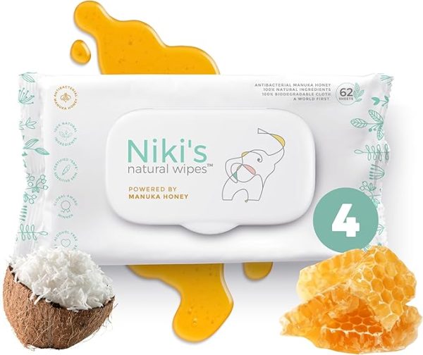 Niki's Natural Baby Wipes | Sensitive Organic Baby Wipes | Made with Manuka Honey and Coconut Oil, No Added Scents | EWG Verified | 248 Wipes (4 Pack x 62 Count Wipes)