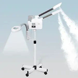 Professional 3 in 1 Facial Steamer Deep Cleaning Ozone Facial Steamer with 5X Magnifying Light & Rolling Wheels Hot/Cold Mist Function for Salon Spa Home Beauty Equipment, White