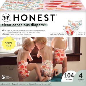 The Honest Company Clean Conscious Diapers for Sensitive Skin | Hypoallergenic, Fragrance Free | Girl Prints | Super Club Box, Size 4 (22-37 lbs), 104 Count