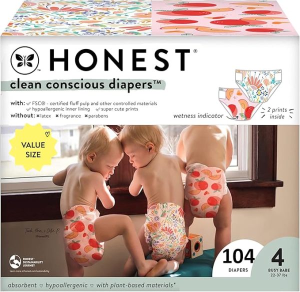 The Honest Company Clean Conscious Diapers for Sensitive Skin | Hypoallergenic, Fragrance Free | Girl Prints | Super Club Box, Size 4 (22-37 lbs), 104 Count