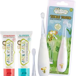 Jack N' Jill Tickle Tooth Toddler Toothbrush & Toothpaste Set - Baby Electric Toothbrush, Natural Toothpaste for Kids, Made for Tiny Teeth, Organic Fruit Flavor (Strawberry & Blueberry)