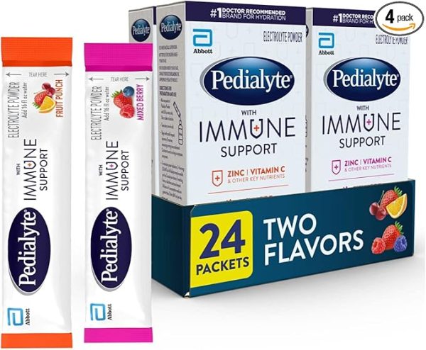 Pedialyte with Immune Support, Electrolytes with Vitamin C and Zinc, Advanced Hydration with PreActiv Prebiotics, Mixed Berry & Fruit Punch, Electrolyte Drink Powder Packets, 6 count (Pack of 4)