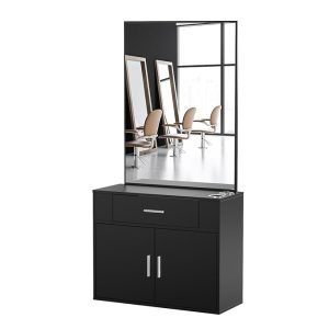 OmySalon Wall Mount Salon Station with Mirror, Hair Styling Barber Station, Beauty Salon Spa Equipment with 1 Drawer, 1 Storage Cabinet, 2 Hair Dryer Holders, Black