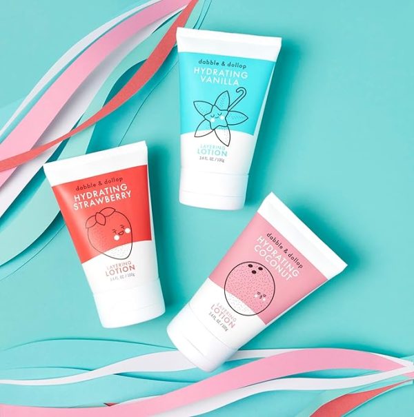 Dabble & Dollop Layering Lotion Set, Hydrating Strawberry, Coconut and Vanilla Scented Lotions for Kids, All-Natural, USA Made, Dermatologist Tested, Vegan & Cruelty-Free (Set of 3)