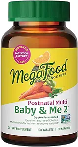 MegaFood Baby & Me 2 Postnatal Vitamins for Breastfeeding Moms with Folate (Folic Acid Natural Form), Choline, Iodine, Vitamin D, Moringa Leaf and More - 120 Tabs (60 Servings)
