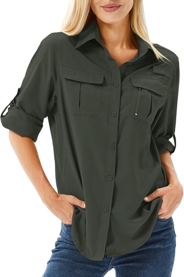 Women's UPF 50 Long Sleeve UV Sun Protection Safari Shirts Outdoor Quick Dry Fishing Hiking Travel Shirts