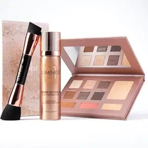 LUMINESS Face Time All In One Makeup Kit - Includes Face Palette, Airbrush Foundation, and Makeup Brush - Long-Wearing, Silky, Soft, Easy to Blend, 3-PC Make Up Set (07 - Warm)