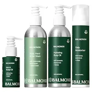 Balmonds Natural Skincare Set – Shampoo & Body Wash, Moisturizing Cream, Bath & Body Oil, and Scalp Oil – 100% Natural, Fragrance-Free, Vegan & Cruelty-Free – For Dry & Sensitive Skin
