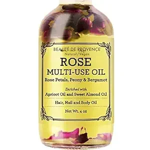 Multi-Use Oil for Face, Body and Hair - Organic Blend of Apricot, Vitamin E and Sweet Almond Oil Moisturizer for Dry Skin, Scalp and Nails - Rose Petals, and Bergamot Essential Oil - 4 Fl Oz
