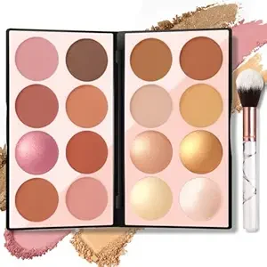 6 Colors Blush Contour Highlighter Makeup Palette with Brush, Matte Mineral Face Blush Powder for Cheek, Bright Shimmer Illuminator Bronzer Professional Facial Beauty Makeup Blushes Set