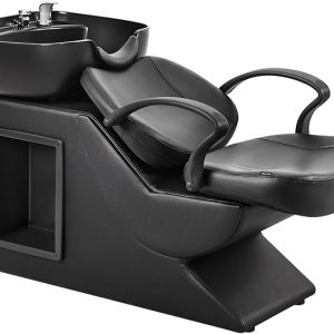 Shampoo Bowl and Chair Set for Salon, Hair Washing Station for Hair Stylist, ABS Plastic Backwash Barber Sink with Side Store Compartment for Spa Beauty, Black