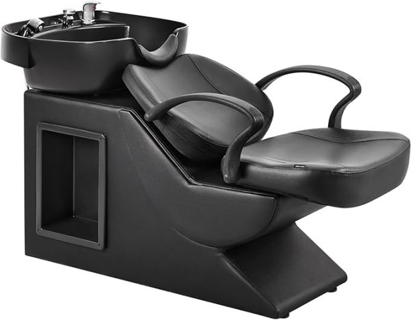 Shampoo Bowl and Chair Set for Salon, Hair Washing Station for Hair Stylist, ABS Plastic Backwash Barber Sink with Side Store Compartment for Spa Beauty, Black