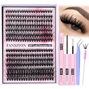 FANXITON DIY Lash Extension Kit - Volume Clusters 40D+50D D Curl Individual Lashes, Thick Eyelash Extension 280 pcs, Thin Band, Bond and Seal, Tweezers