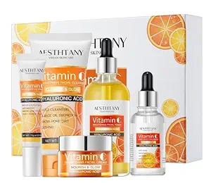Vitamin C Skin Care Set For Women , 5-In-1 Moisturizing Hyaluronic Acid Skin Care Routine with Facial Cleanser, Serum, Face Cream, Eye Cream, Toner Valentine's Day Gift