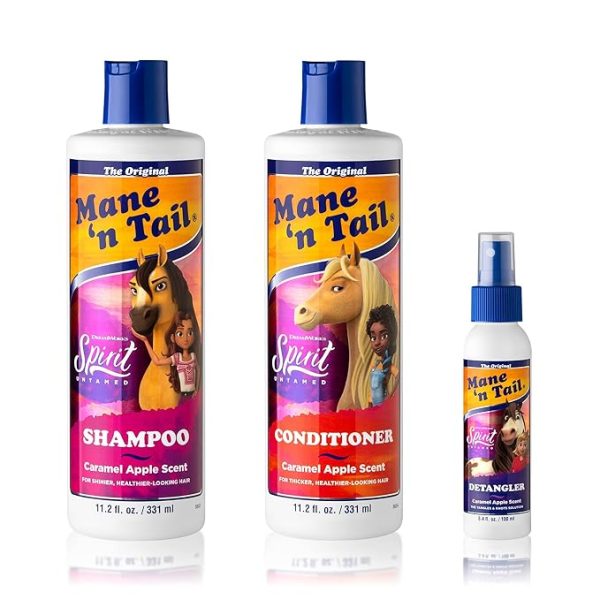 Mane 'n Tail Spirit Untamed Shampoo, Conditioner & Detangler Set – Caramel Apple Scented, Gentle Coconut Oil Formula for Kids, Soft, Silky Hair (Shampoo & Conditioner 11.02 oz Each, Detangler 3.4 oz)