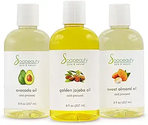 Sweet Almond Oil | Golden Jojoba Oil | Avocado Oil | Pack of 3 | Cold Pressed | Carrier for Essential Oils, Moisturizer for Skin, Face & Hair, Soap Making | 8 fl oz Each