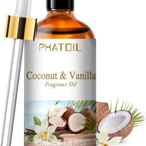 100ML/3.38fl.oz Coconut & Vanilla Fragrance Oils, PHATOIL Coconut & Vanilla Oil for Diffuser, Humidifier, Scented Oils for DIY Soap, Candle Making with Premium Glass Dropper