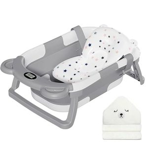 MoreFeel Collapsible Baby Bathtub for Newborn with Thermometer & 1 Hooded Towel & 1 Soft Floating Cushion,Portable Travel Bathtub with Drain Hole, Durable Foldable Baby Tubs for Infants to Toddler