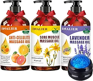 Mothers Day Gifts for Wife,Massage Oils for Massage Therapy,Fathers Day Gift,Spa Gift Set for Sore Muscle,Gifts for Her Him,3 Pack Cellulite,Sore Muscle & Lavender Massage Oils with Massage Ball