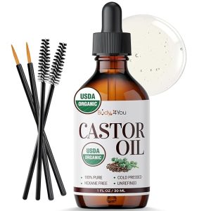 BodyJ4You Organic Castor Oil for Hair Growth: Natural Eyelashes Serum for Lashes and Eyebrows - Glass Bottle 1 Fl Oz