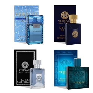 ersace Cologne for Men Set of 4 Mini Eros, Pour Homme, Dylan Blue, Eau Fraiche Perfume for Men Fragrance Sampler Set - Designer Mens Cologne Samples (4 Count, 0.17 oz)