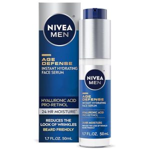 NIVEA MEN Age Defense Instant Hydrating Face Serum for Dry Skin, With Pro-Retinol and Hyaluronic Acid, Facial Serum Helps Reduce Look of Fine Lines and Wrinkles, 1.7 Fl Oz Bottle