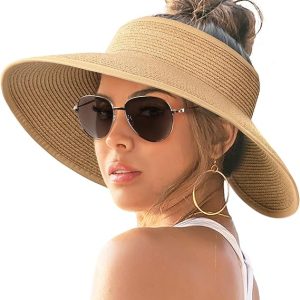 FURTALK Sun Visor Hats for Women Wide Brim Straw Ponytail Summer Beach Hat UV UPF Packable Foldable Travel