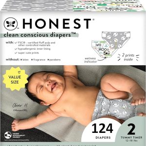 The Honest Company Clean Conscious Diapers for Sensitive Skin | Hypoallergenic, Fragrance Free | Gender Neutral Prints | Super Club Box, Size 2 (12-18 lbs), 124 Count