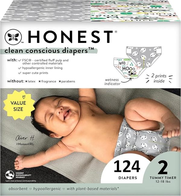 The Honest Company Clean Conscious Diapers for Sensitive Skin | Hypoallergenic, Fragrance Free | Gender Neutral Prints | Super Club Box, Size 2 (12-18 lbs), 124 Count