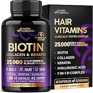 Biotin | Collagen | Keratin - Clinically Tested Supplement - Hair Growth Support, Skin & Nails - 25000 mcg Vitamins B2, B3, B6 & B7 + B1 & Hyaluronic Acid - Made in USA - Women & Men | 60 Capsules Visit the NUTRAHA