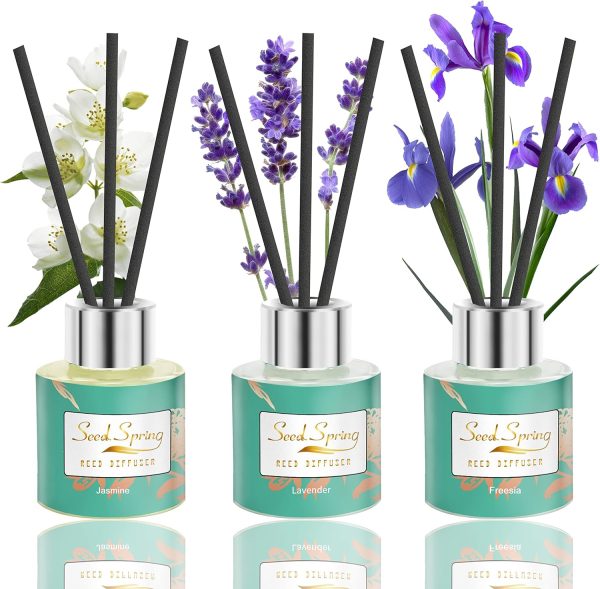 Reed Diffuser Set of 3, Seed Spring Lavender Jasmine Freesia Oil Scent Diffuser Sticks Office Home Fragrance Products 1.7oz x 3