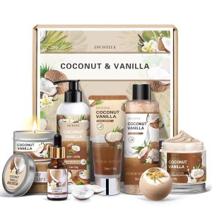 Bath and Body Gifts Set for Women - Vanilla Coconut Spa Gift for Birthday, Thank You, Self Care - Relaxing Bath Sets for Mom, Grandma, Girlfriend, Sister, Friends