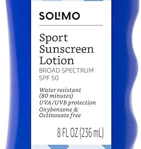 Amazon Brand - Solimo Sport Sunscreen Lotion, SPF 50, Formulated without Octinoxate & Oxybenzone, Broad Spectrum UVA/UVB Protection, 8 fl oz (Pack of 1)