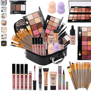 All in One Makeup Kit for Makeup storage bag 2X14 Colors Eyeshadow Palette Liquid Foundation Eyeliner Pencils Contouring Stick Lip Gloss 20Pcs Makeup Brushes For Women Girls Teens (Black)