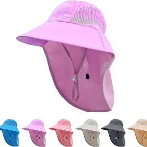 Rosoz Kids Sun Hat with Neck Flap UV Protection Summer Toddler Beach Hat Unisex Ponytail Hat Wide Brim Fishing Hat