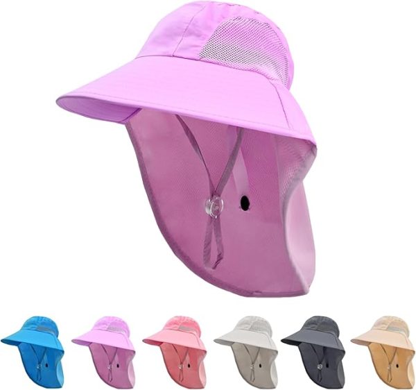Rosoz Kids Sun Hat with Neck Flap UV Protection Summer Toddler Beach Hat Unisex Ponytail Hat Wide Brim Fishing Hat