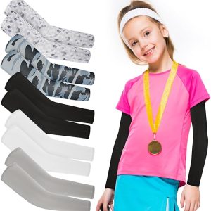 5 Pairs Kids Arm Sleeves, UV Sun Protection Arm Sleeves for Men Women UPF 50 Compression Cooling Sleeve Outdoor Sport Breathable Elastic Ice Sleeve to Cover Arms for Youth Boys Girls Sports