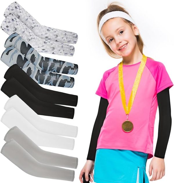 5 Pairs Kids Arm Sleeves, UV Sun Protection Arm Sleeves for Men Women UPF 50 Compression Cooling Sleeve Outdoor Sport Breathable Elastic Ice Sleeve to Cover Arms for Youth Boys Girls Sports