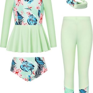 GRACE KARIN Girls Long Sleeve Swimsuit Mermaid Bathing Suit Rash Guard Swimwear 4 Piece Size 5-12