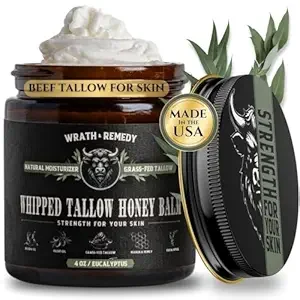 Wrath & Remedy Handmade Whipped Organic Beef Tallow for Skin - 4 OZ (Eucalyptus) — Grass Fed Beef Tallow Moisturizer and Honey Balm for Silky, Sensitive-Skin, Eczema, Rosacea - Free of Harsh Chemicals