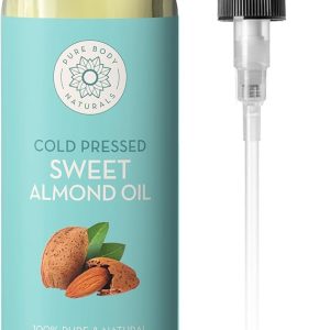 Pure Body Naturals Sweet Almond Oil for Hair and Skin, 100% Pure and Cold Pressed, Hexane Free, Skin Moisturizer, Nails, Therapeutic Massage, Carrier Oil 16 Fl. Ounce (Label Varies)