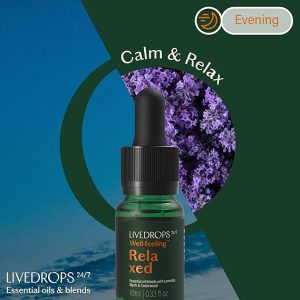 LIVEDROPS 24/7 Relaxed Essential Oil Blend - Lavender, Myrrh & Cedarwood - Calming Scent - Pure & Natural Aromatherapy - Skin Safe & Diffuser Compatible - Crafted in France by Perfumers