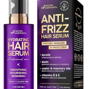 Hydrating Hair Serum for Frizzy and Damaged Hair - Keratin Hair Treatment for Dry Damaged Hair w/ Biotin, Castor Oil, Rosemary Oil, Hair Heat Protectant & Anti Frizz Hair Serum For Frizzy Hair, 5 Oz